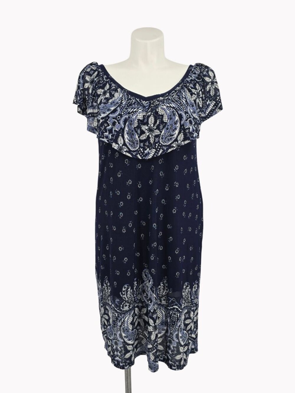 Democracy Women's XL Navy Paisley Print Ruffle Neck Dress Polyester Spandex Made